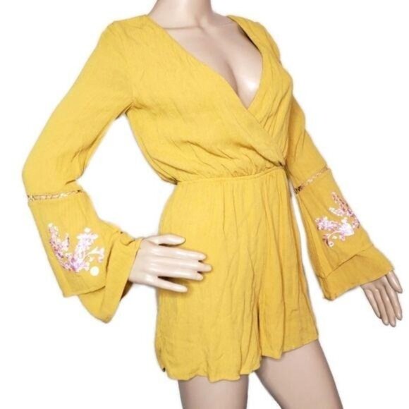 Miami Yellow Long Sleeve Wrap Romper Embroidered Bell Sleeves & Keyhole Back XXS - Picture 3 of 10